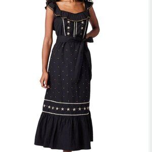 Women's Black Aries Embroidery Keira Linen Midi Dress, Size Small